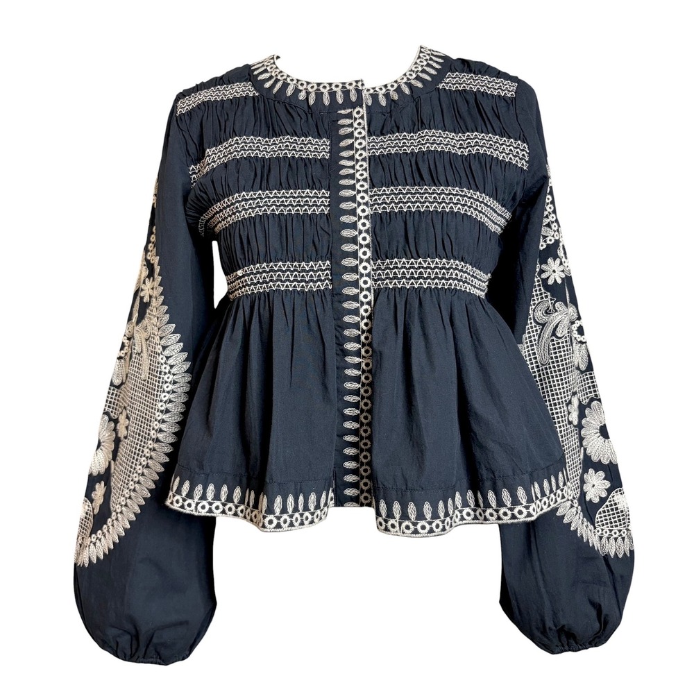 7 For all Mankind Boho Top S Navy Floral Embroidered  Cottage Peasant Blouse